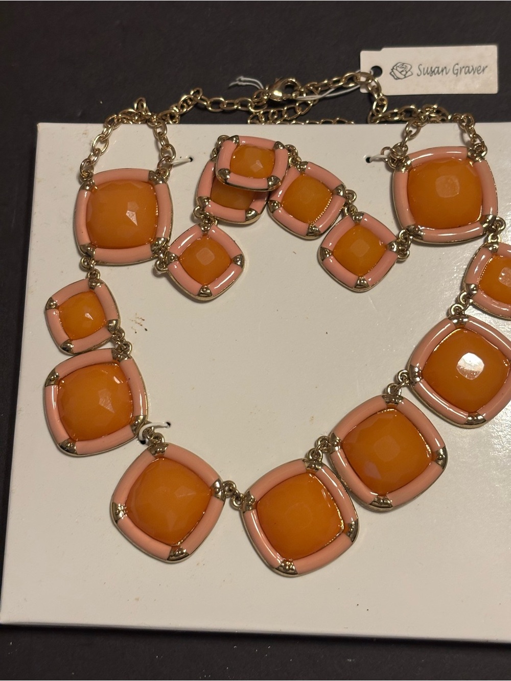 Susan Graver NIB 20” Orange Coral Gold Tone Statement Necklace Tag